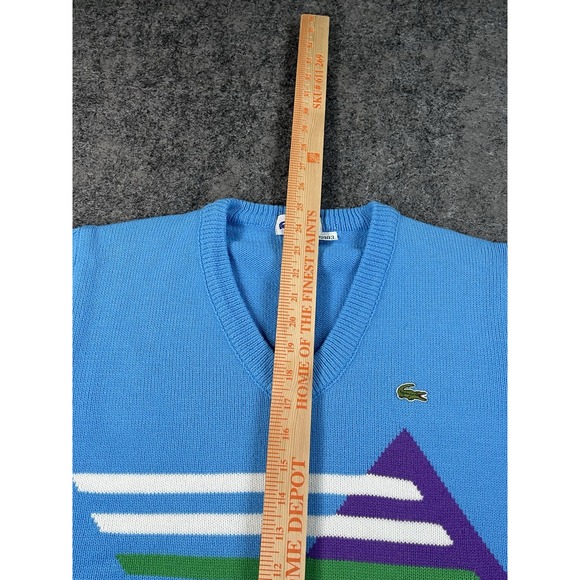 Vintage 70s Lacoste Sweater Mens Medium Blue Purple Geometric Print V Neck Gator - Picture 6 of 8